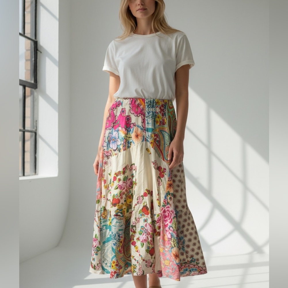 Johnny Was 100% Silk Patchwork Floral Boho Midi Skirt 1X